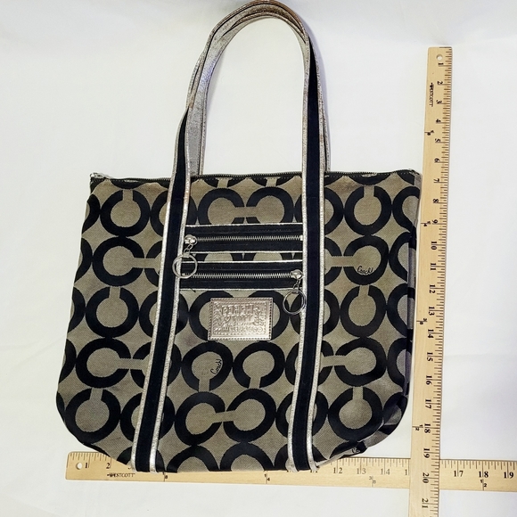 Coach Poppy Tote Op Art Glam Signature Logo Bag Purse Black Gray Silver 13826 - Picture 13 of 14